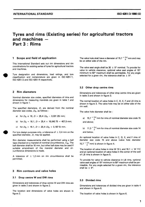 ISO 4251-3:1980 - Tyres and rims (Existing series) for agricultural tractors and machines