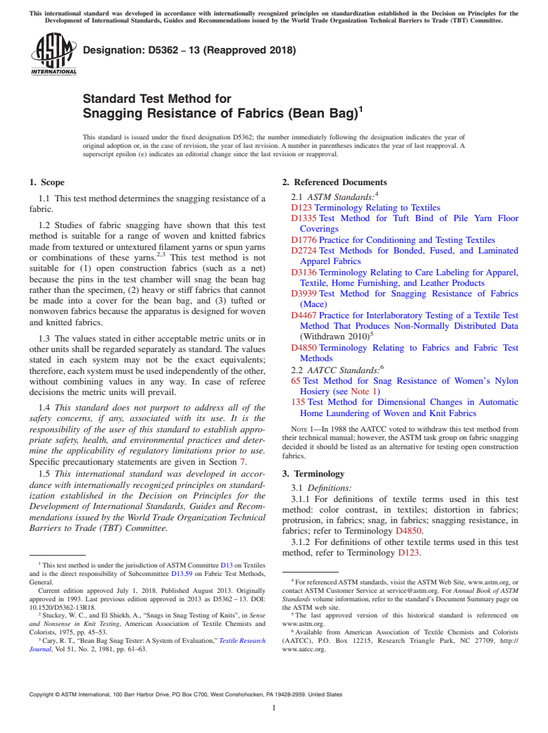 ASTM D5362-13(2018) - Standard Test Method for  Snagging Resistance of Fabrics (Bean Bag)