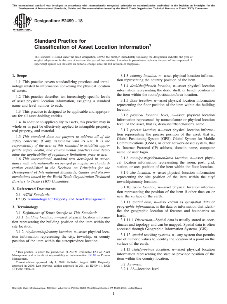 ASTM E2499-18 - Standard Practice for Classification of Asset Location Information