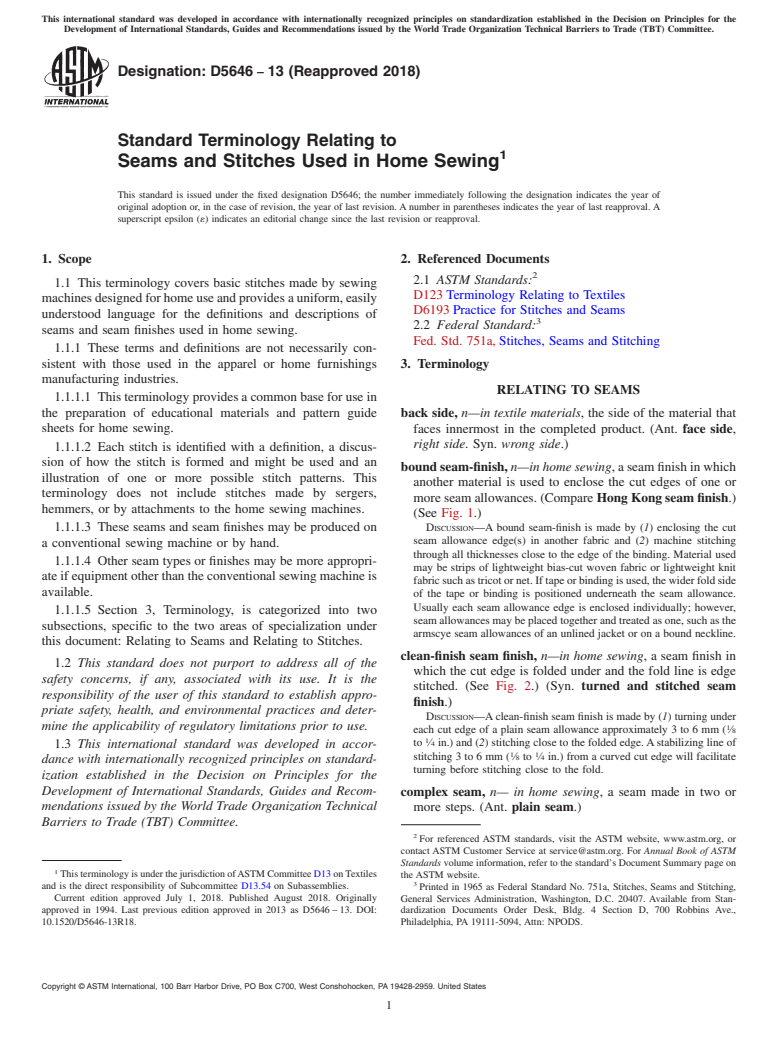 ASTM D5646-13(2018) - Standard Terminology Relating to  Seams and Stitches Used in Home Sewing