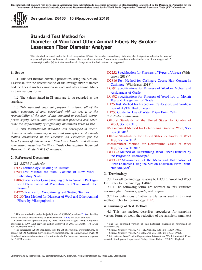 ASTM D6466-10(2018) - Standard Test Method for  Diameter of Wool and Other Animal Fibers By Sirolan-Laserscan  Fiber Diameter Analyser