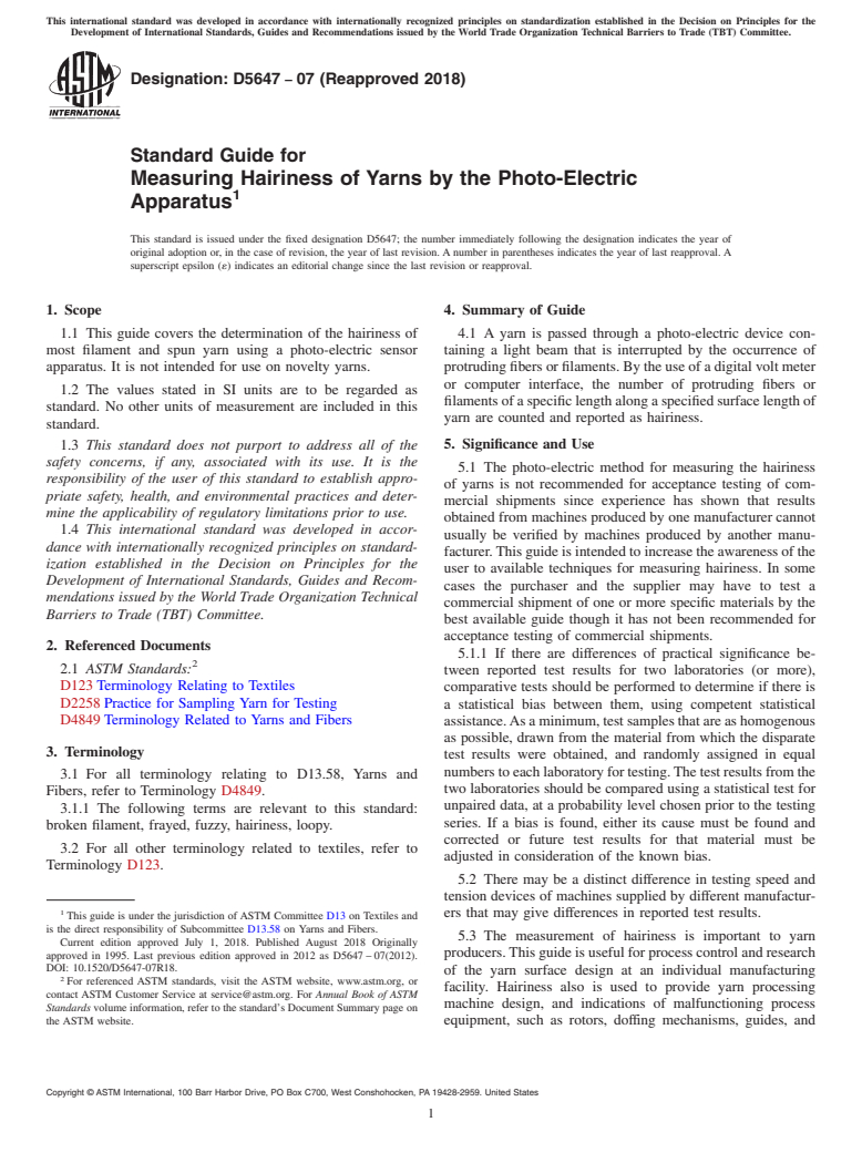 ASTM D5647-07(2018) - Standard Guide for  Measuring Hairiness of Yarns by the Photo-Electric Apparatus