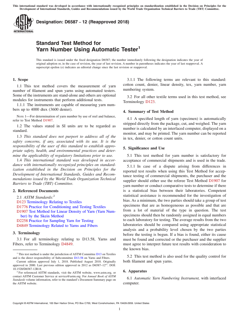 ASTM D6587-12(2018) - Standard Test Method for  Yarn Number Using Automatic Tester