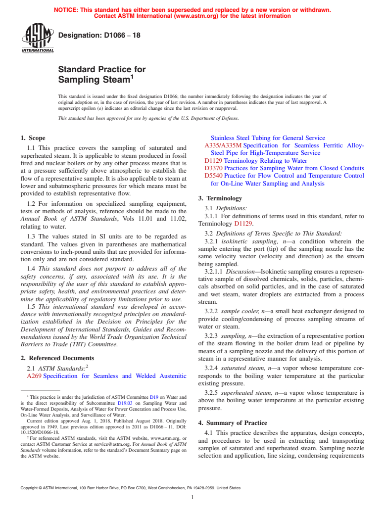 ASTM D1066-18 - Standard Practice for  Sampling Steam