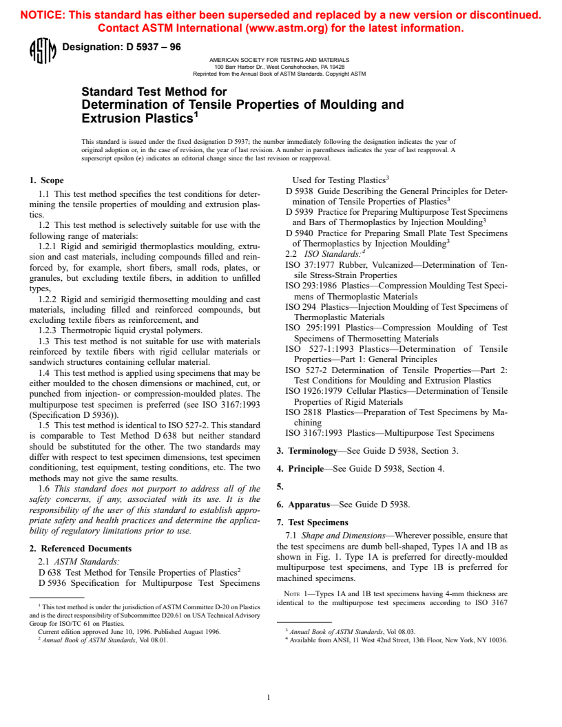 ASTM D5937-96 - Standard Test Method for Determination of Tensile Properties and Test Conditions for Moulding and Extrusion Plastics (Withdrawn 1998)