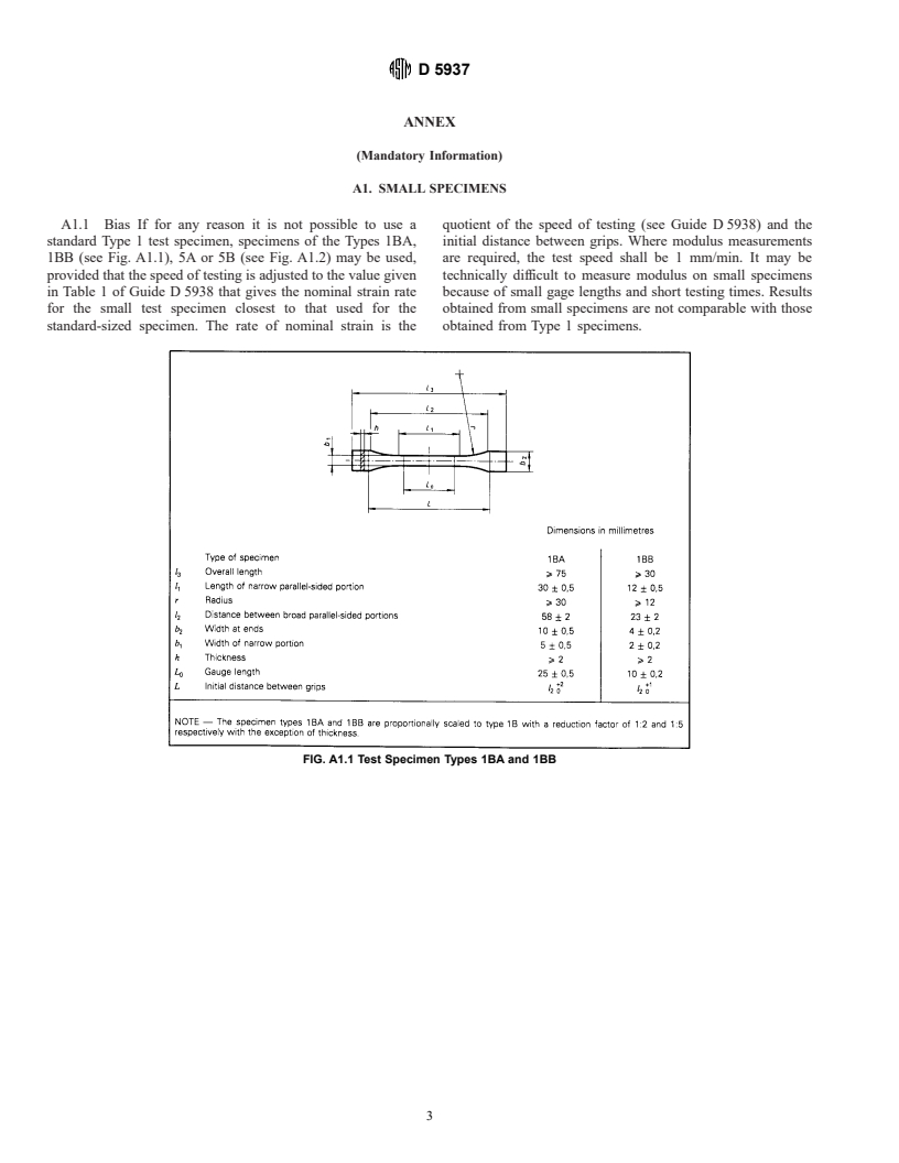 ASTM D5937-96 - Standard Test Method for Determination of Tensile Properties and Test Conditions for Moulding and Extrusion Plastics (Withdrawn 1998)