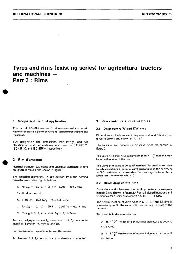ISO 4251-3:1985 - Tyres and rims (existing series) for agricultural tractors and machines