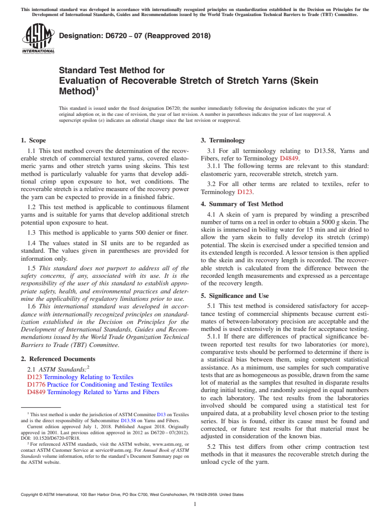 ASTM D6720-07(2018) - Standard Test Method for  Evaluation of Recoverable Stretch of Stretch Yarns (Skein Method)