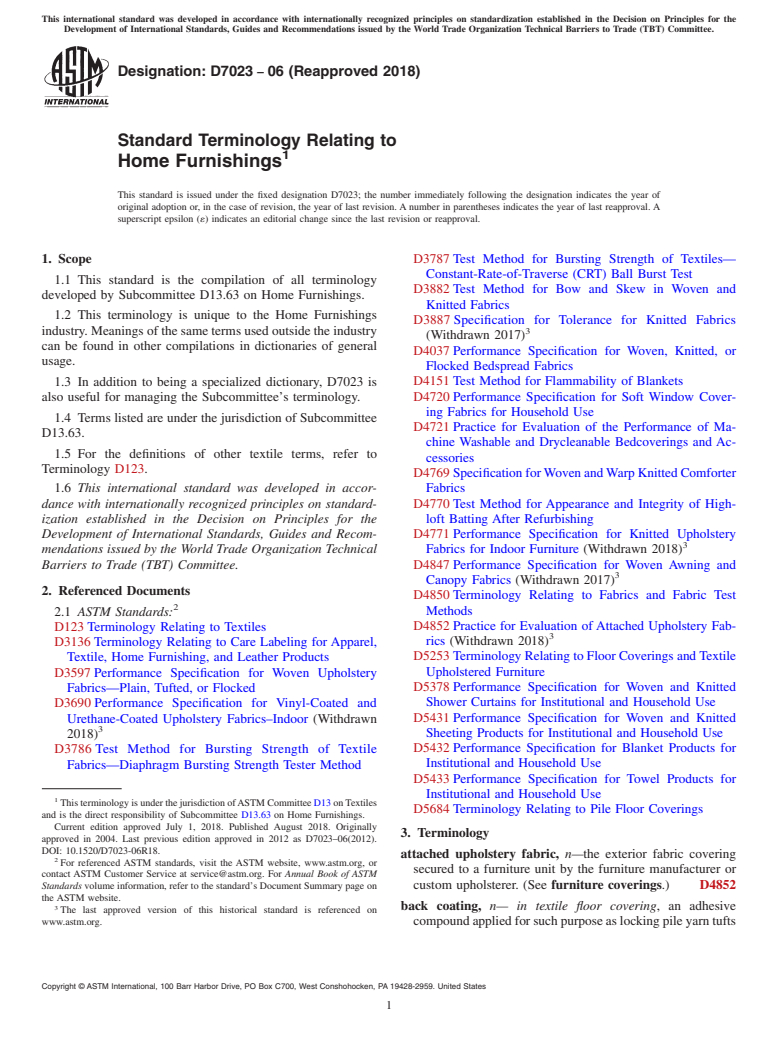 ASTM D7023-06(2018) - Standard Terminology Relating to  Home Furnishings