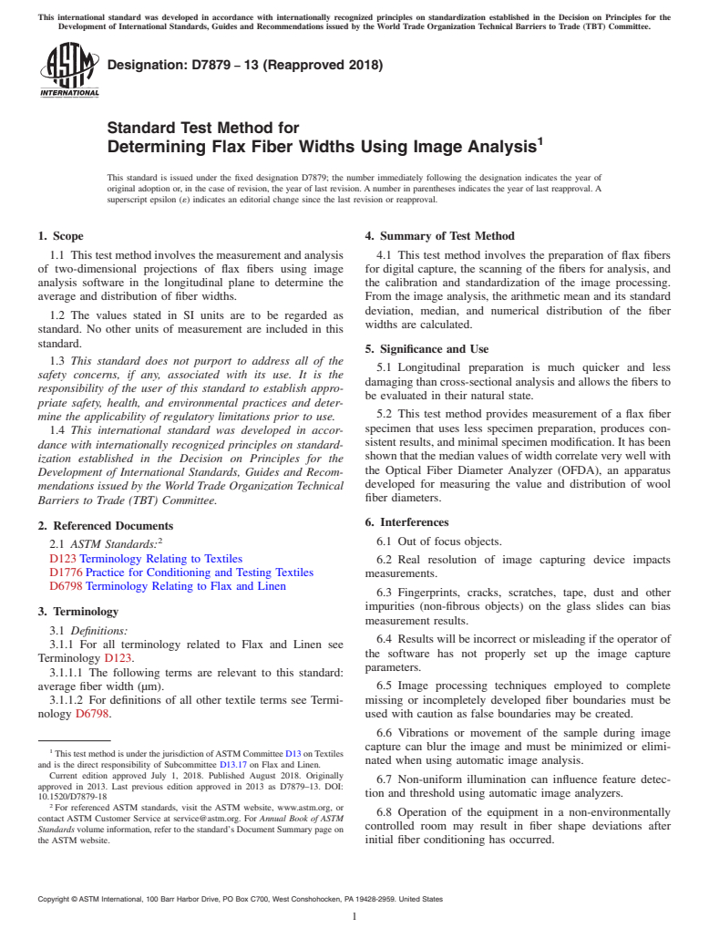 ASTM D7879-13(2018) - Standard Test Method for Determining Flax Fiber Widths Using Image Analysis