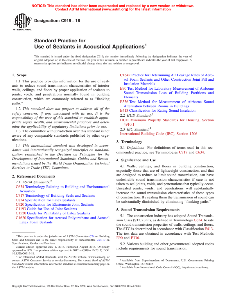 ASTM C919-18 - Standard Practice for  Use of Sealants in Acoustical Applications