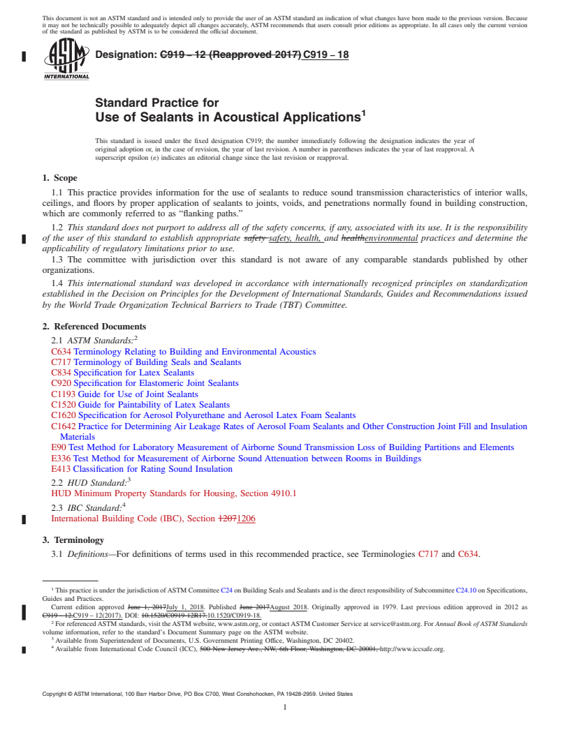 REDLINE ASTM C919-18 - Standard Practice for  Use of Sealants in Acoustical Applications