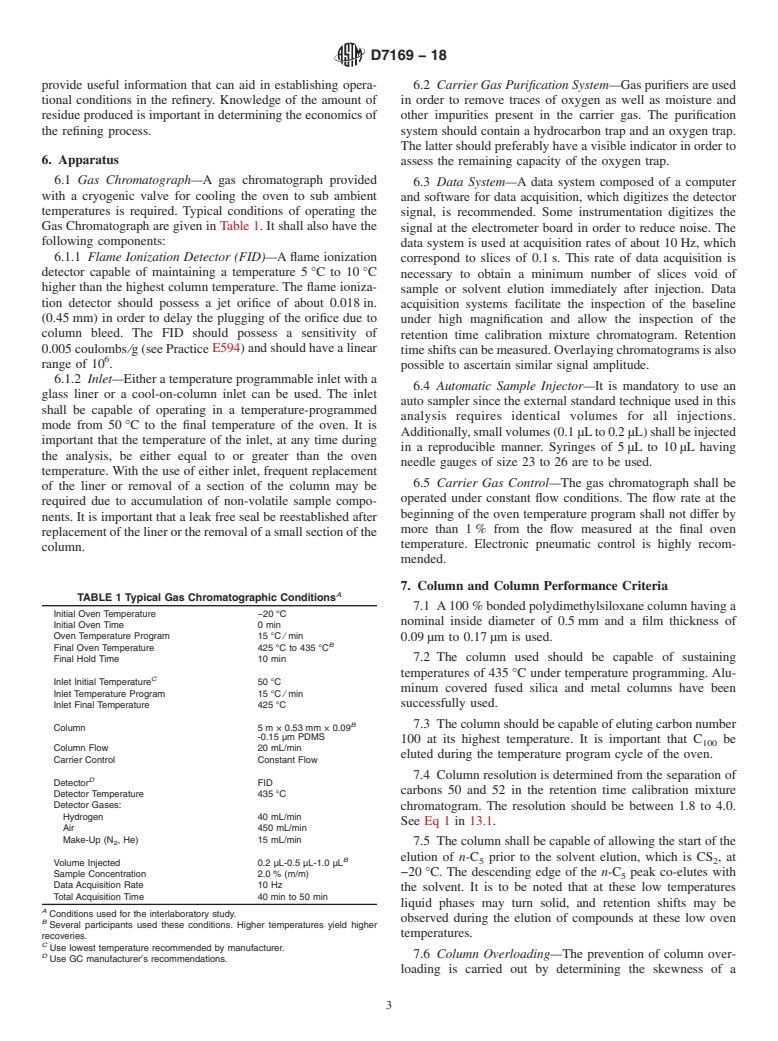 ASTM D7169-18 - Standard Test Method for  Boiling Point Distribution of Samples with Residues Such as  Crude Oils and Atmospheric and Vacuum Residues by High Temperature  Gas Chromatography