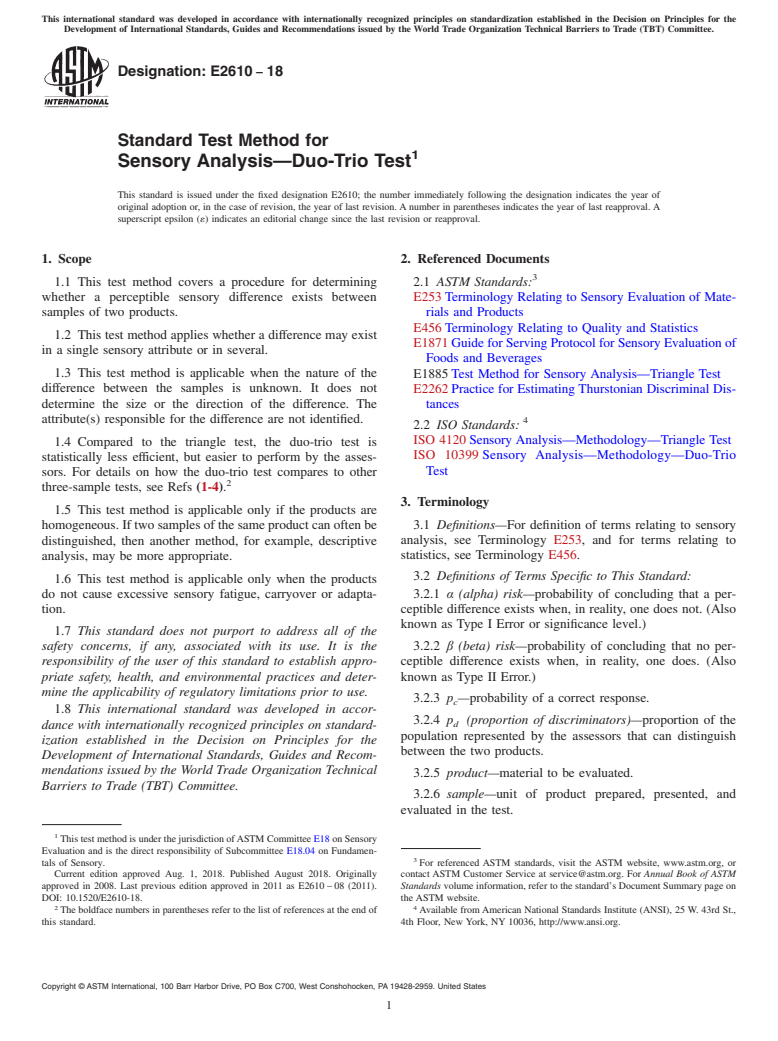 ASTM E2610-18 - Standard Test Method for  Sensory Analysis&#x2014;Duo-Trio Test