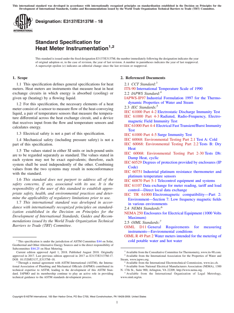 ASTM E3137/E3137M-18 - Standard Specification for Heat Meter Instrumentation