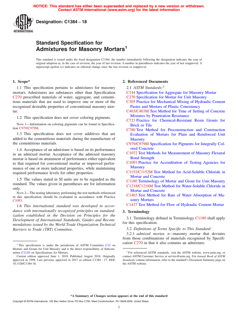 ASTM C1384-18 - Standard Specification for  Admixtures for Masonry Mortars