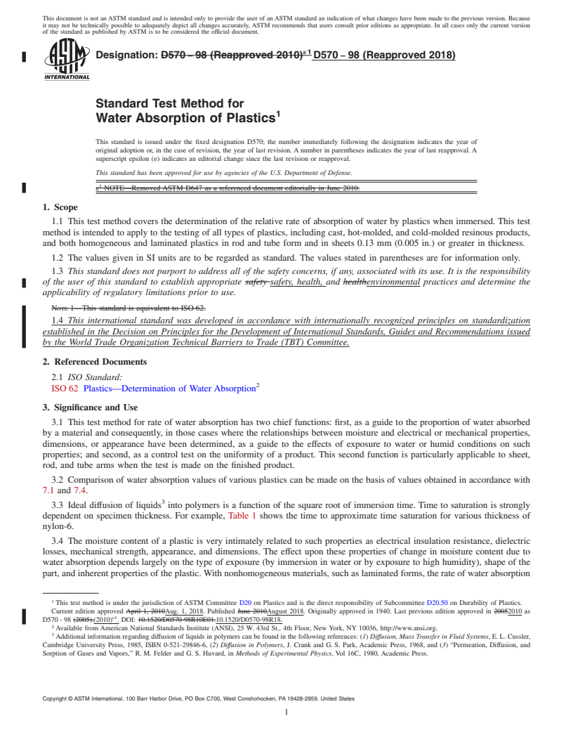 REDLINE ASTM D570-98(2018) - Standard Test Method for Water Absorption of Plastics