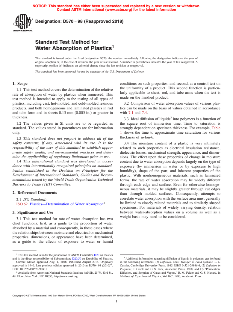 ASTM D570-98(2018) - Standard Test Method for Water Absorption of Plastics