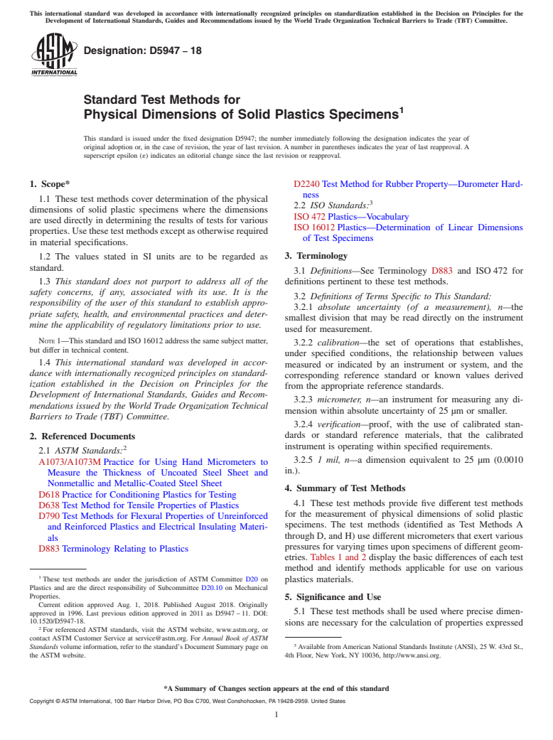 ASTM D5947-18 - Standard Test Methods for  Physical Dimensions of Solid Plastics Specimens