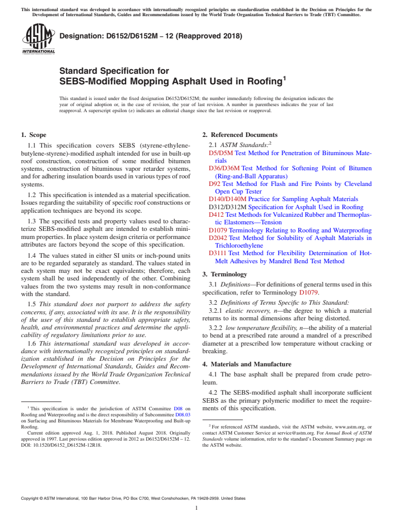 ASTM D6152/D6152M-12(2018) - Standard Specification for  SEBS-Modified Mopping Asphalt Used in Roofing