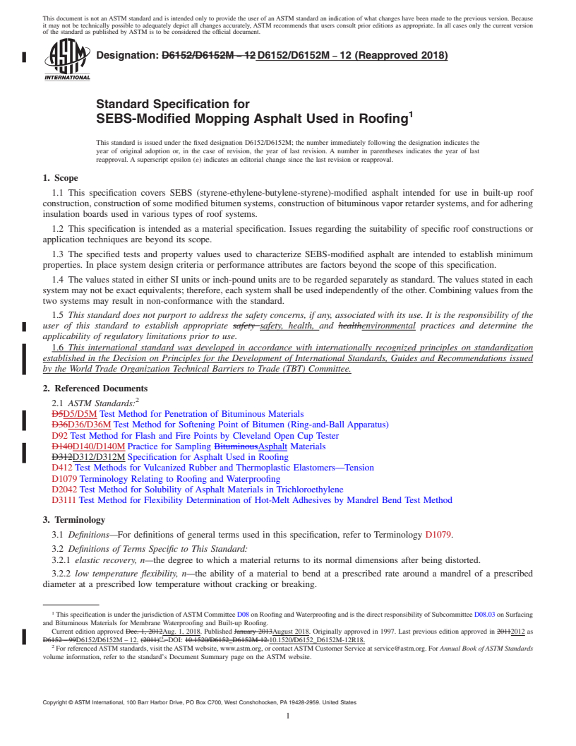 REDLINE ASTM D6152/D6152M-12(2018) - Standard Specification for  SEBS-Modified Mopping Asphalt Used in Roofing