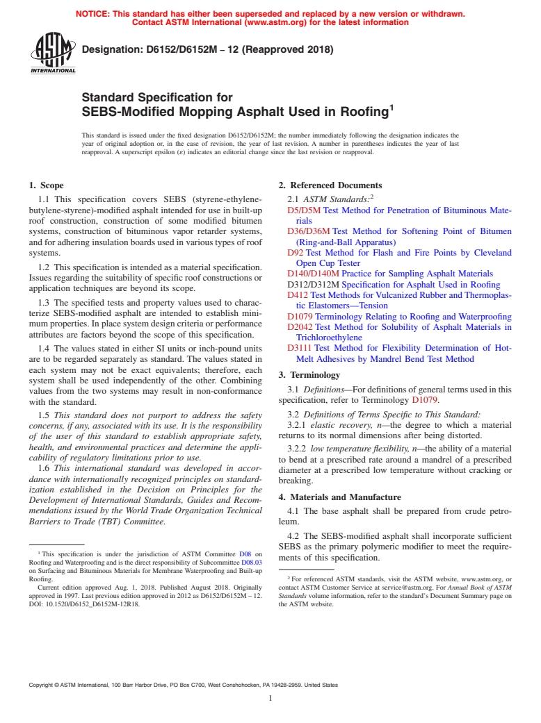 ASTM D6152/D6152M-12(2018) - Standard Specification for  SEBS-Modified Mopping Asphalt Used in Roofing