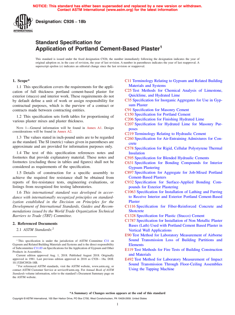 ASTM C926-18b - Standard Specification for  Application of Portland Cement-Based Plaster