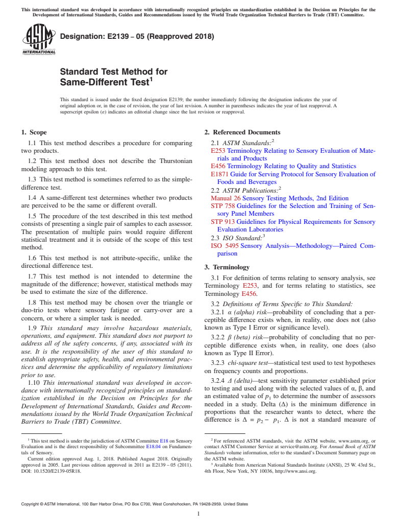 ASTM E2139-05(2018) - Standard Test Method for  Same-Different Test