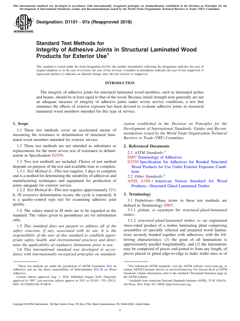 ASTM D1101-97a(2018) - Standard Test Methods for Integrity of Adhesive Joints in Structural Laminated Wood Products  for Exterior Use