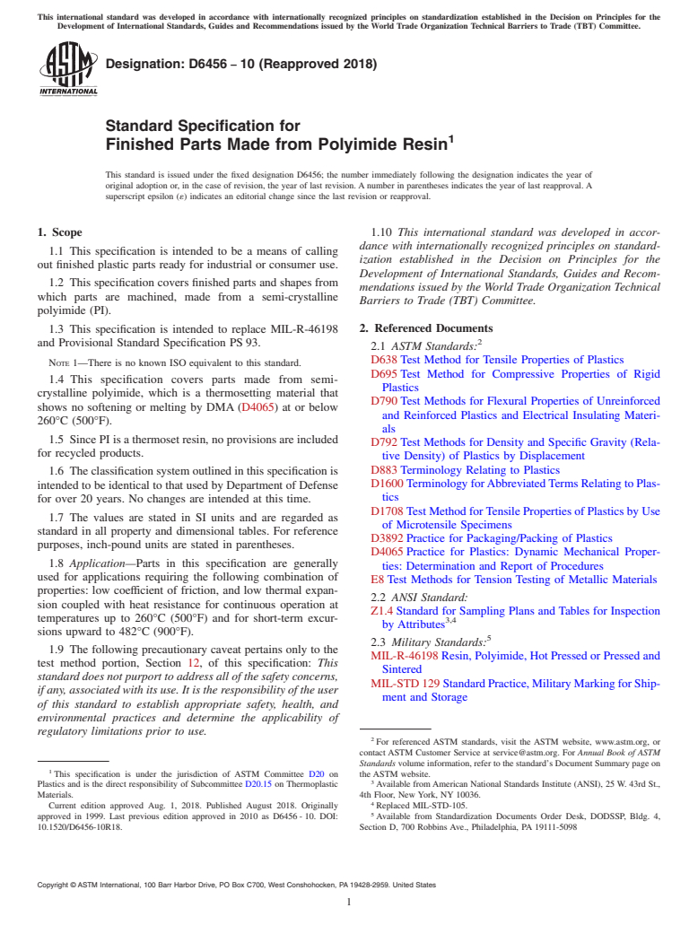 ASTM D6456-10(2018) - Standard Specification for Finished Parts Made from Polyimide Resin