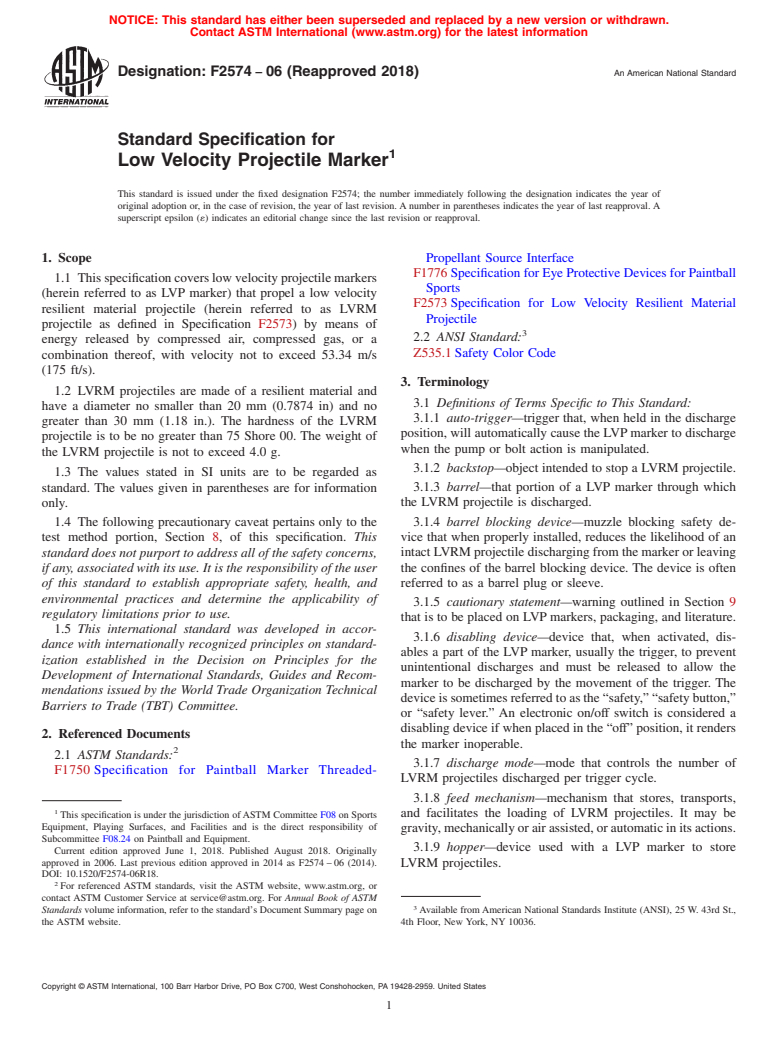 ASTM F2574-06(2018) - Standard Specification for  Low Velocity Projectile Marker