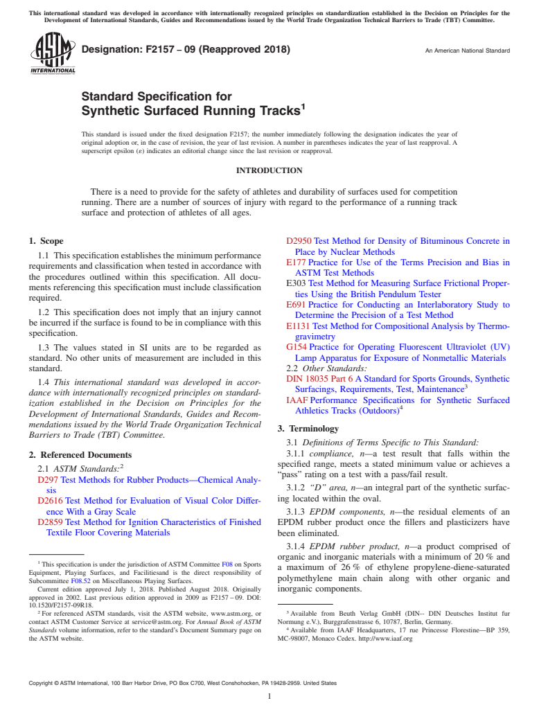 ASTM F2157-09(2018) - Standard Specification for Synthetic Surfaced Running Tracks