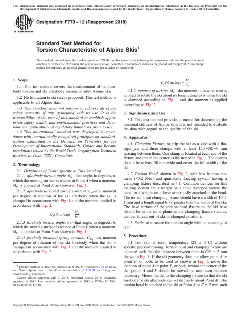 ASTM F779-12(2018) - Standard Test Method for  Torsion Characteristic of Alpine Skis