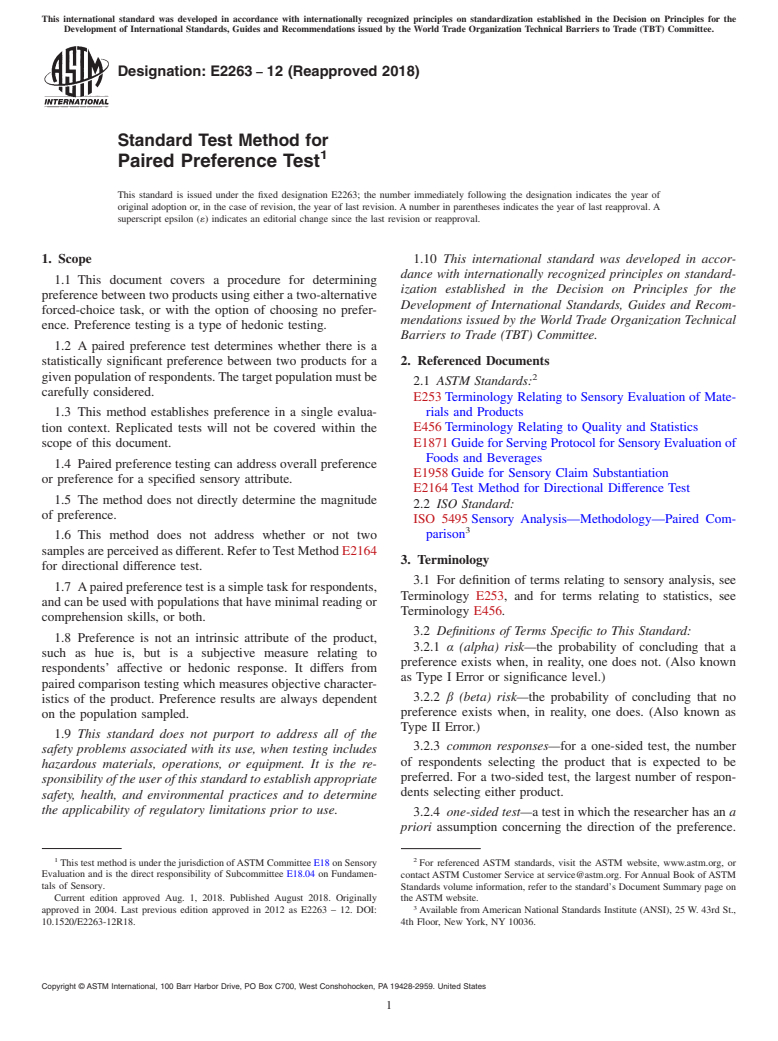 ASTM E2263-12(2018) - Standard Test Method for  Paired Preference Test