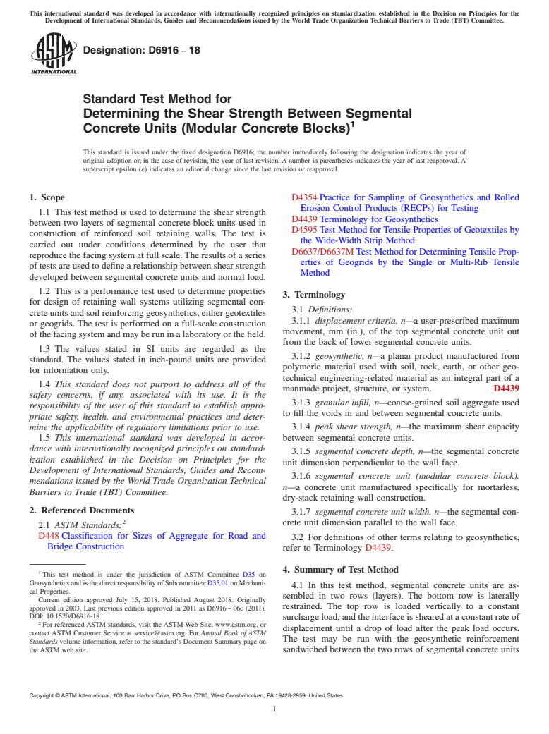 ASTM D6916-18 - Standard Test Method for  Determining the Shear Strength Between Segmental Concrete Units   (Modular Concrete Blocks)