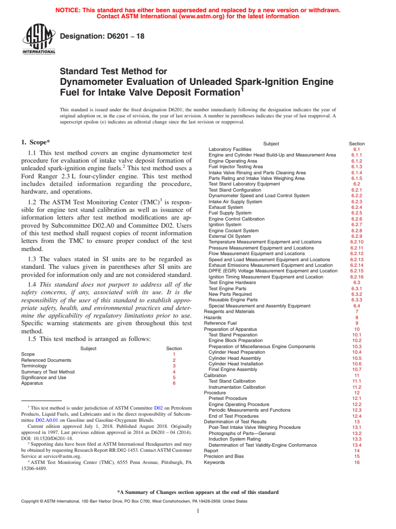 ASTM D6201-18 - Standard Test Method for  Dynamometer Evaluation of Unleaded Spark-Ignition Engine Fuel   for Intake Valve Deposit Formation