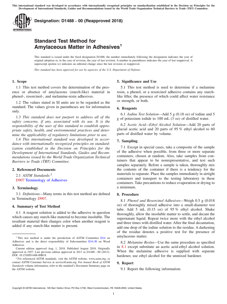 ASTM D1488-00(2018) - Standard Test Method for Amylaceous Matter in Adhesives