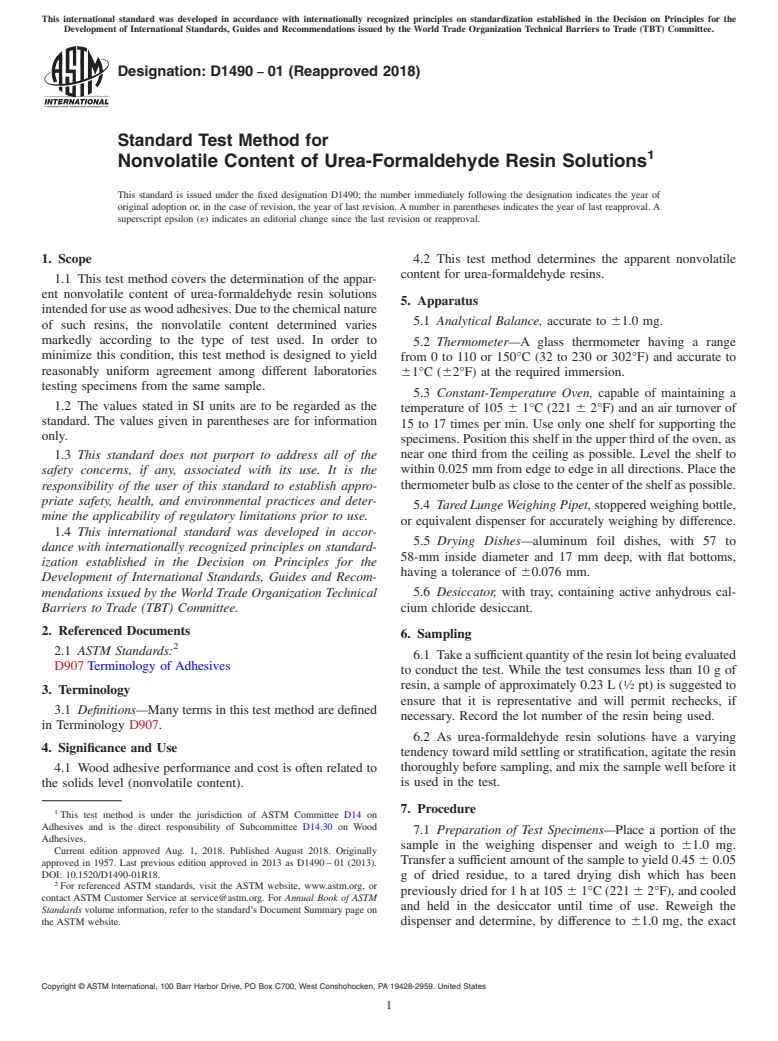 ASTM D1490-01(2018) - Standard Test Method for Nonvolatile Content of Urea-Formaldehyde Resin Solutions