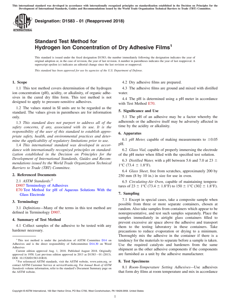 ASTM D1583-01(2018) - Standard Test Method for Hydrogen Ion Concentration of Dry Adhesive Films