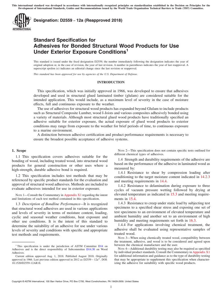 ASTM D2559-12a(2018) - Standard Specification for Adhesives for Bonded Structural Wood Products for Use Under  Exterior Exposure Conditions