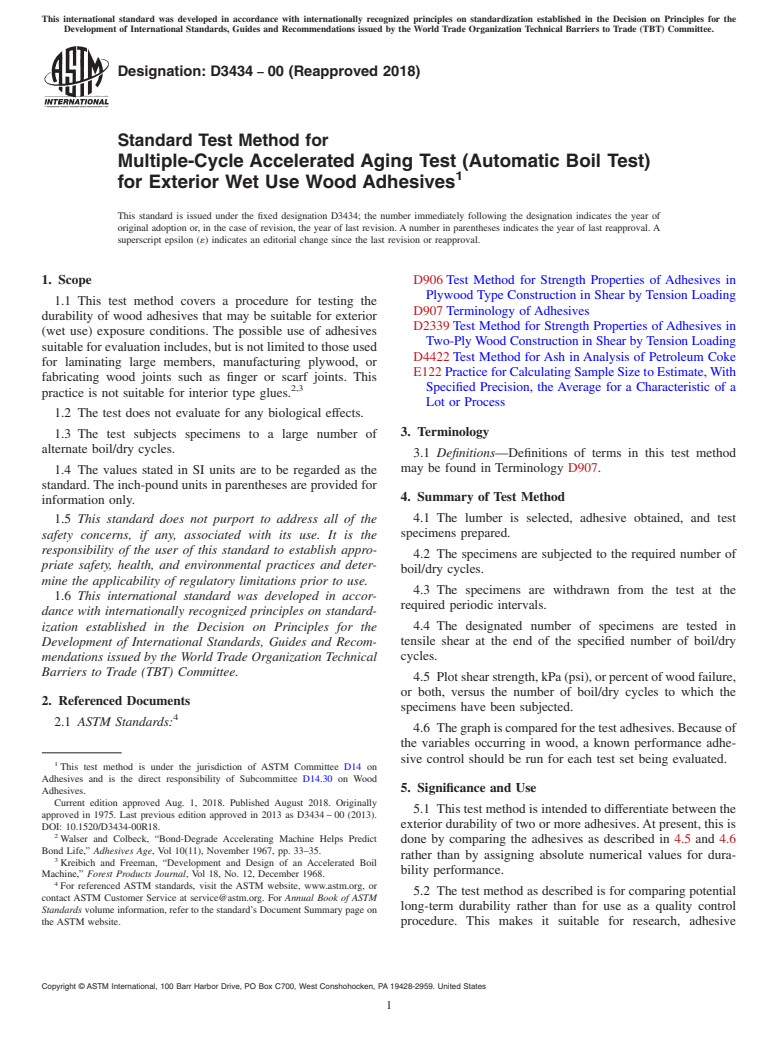 ASTM D3434-00(2018) - Standard Test Method for Multiple-Cycle Accelerated Aging Test (Automatic Boil Test)  for Exterior  Wet Use Wood Adhesives