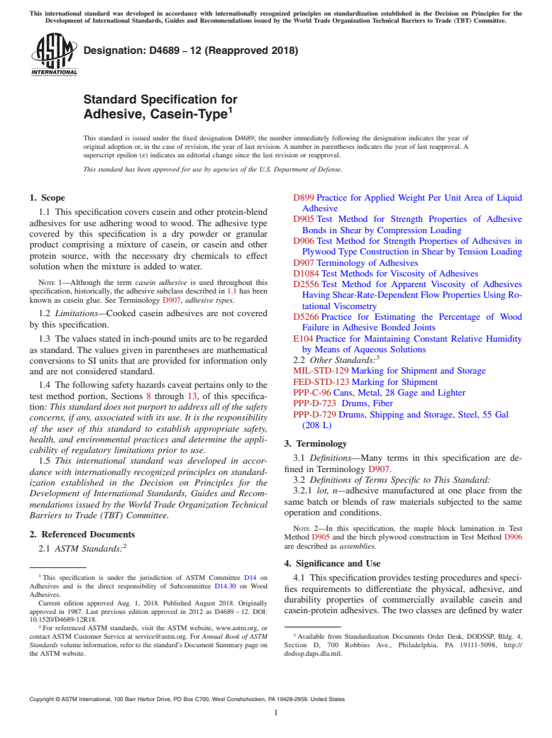 ASTM D4689-12(2018) - Standard Specification for Adhesive, Casein-Type