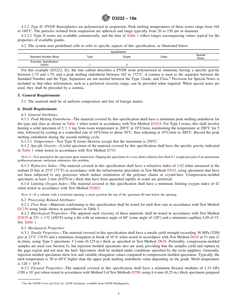 REDLINE ASTM D3222-18a - Standard Specification for Unmodified Poly(Vinylidene Fluoride) (PVDF) Molding Extrusion  and Coating Materials