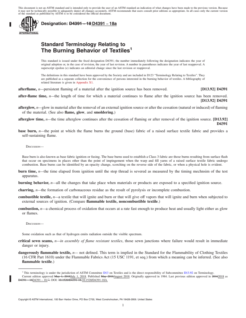 REDLINE ASTM D4391-18a - Standard Terminology Relating to  The Burning Behavior of Textiles