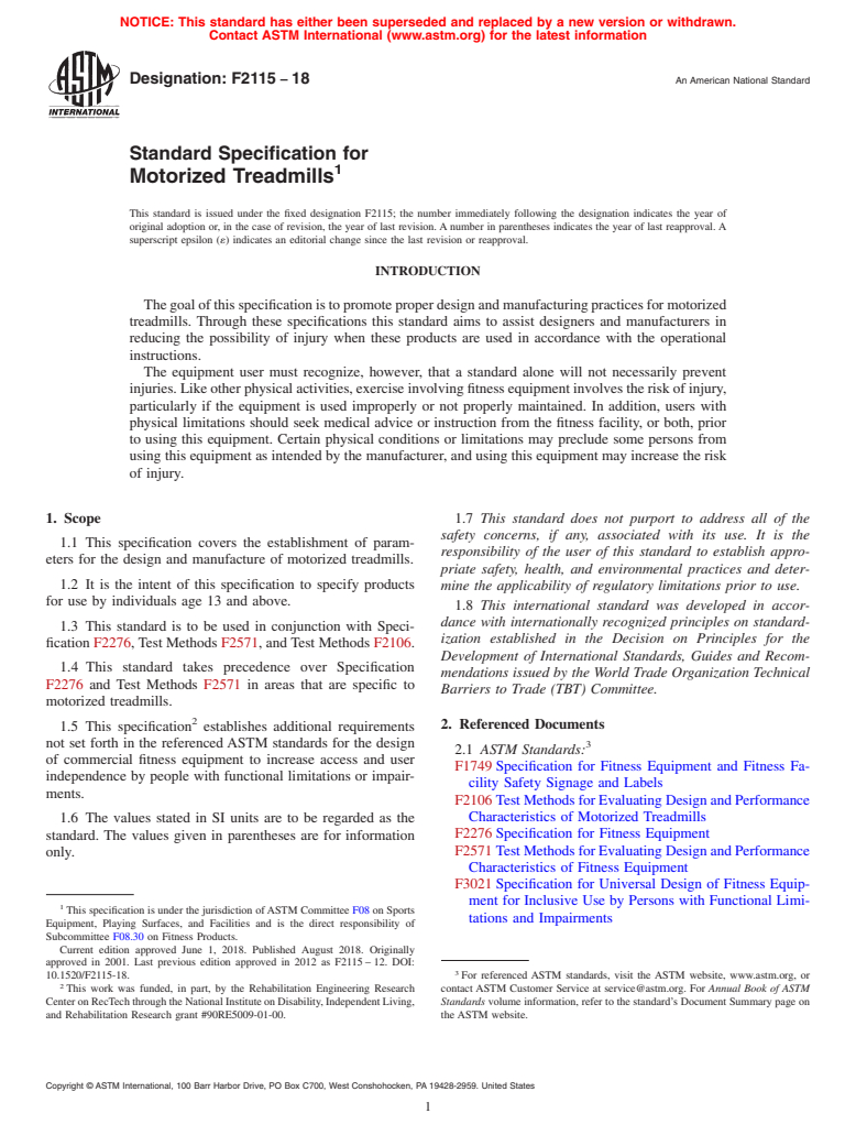 ASTM F2115-18 - Standard Specification for Motorized Treadmills