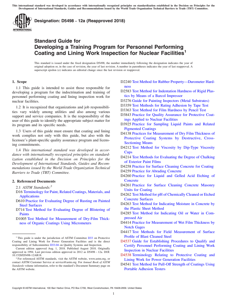 ASTM D5498-12a(2018) - Standard Guide for Developing a Training Program for Personnel Performing Coating   and Lining Work    Inspection for Nuclear  Facilities