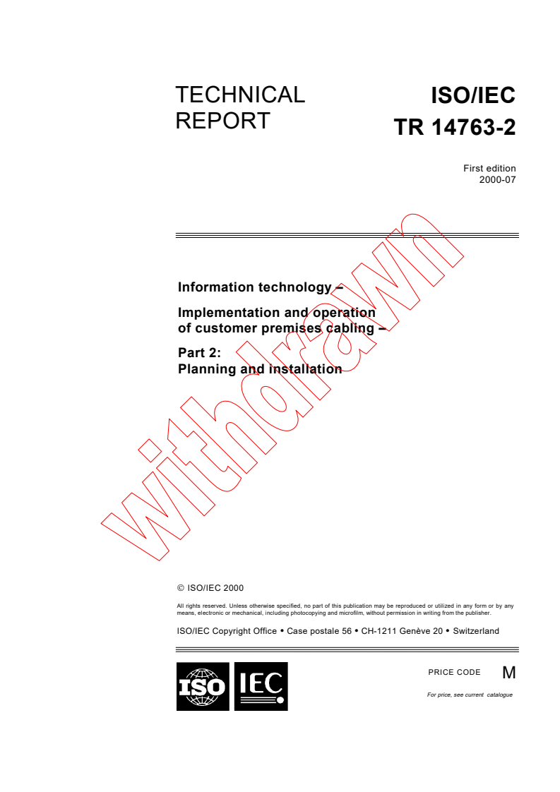 ISO/IEC TR 14763-2:2000 - Information technology - Implementation and operation of customer premises cabling - Part 2: Planning and installation
Released:7/11/2000
Isbn:2831853419