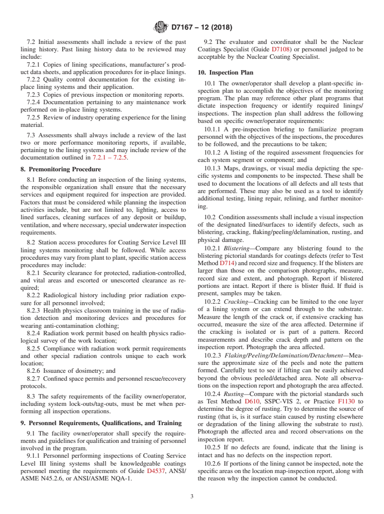 ASTM D7167-12(2018) - Standard Guide for Establishing Procedures to Monitor the Performance of Safety-Related    Coating Service Level III Lining Systems in an Operating Nuclear  Power Plant