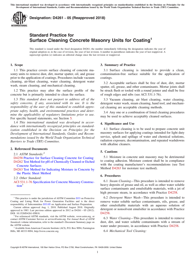 ASTM D4261-05(2018) - Standard Practice for Surface Cleaning Concrete Masonry Units for Coating