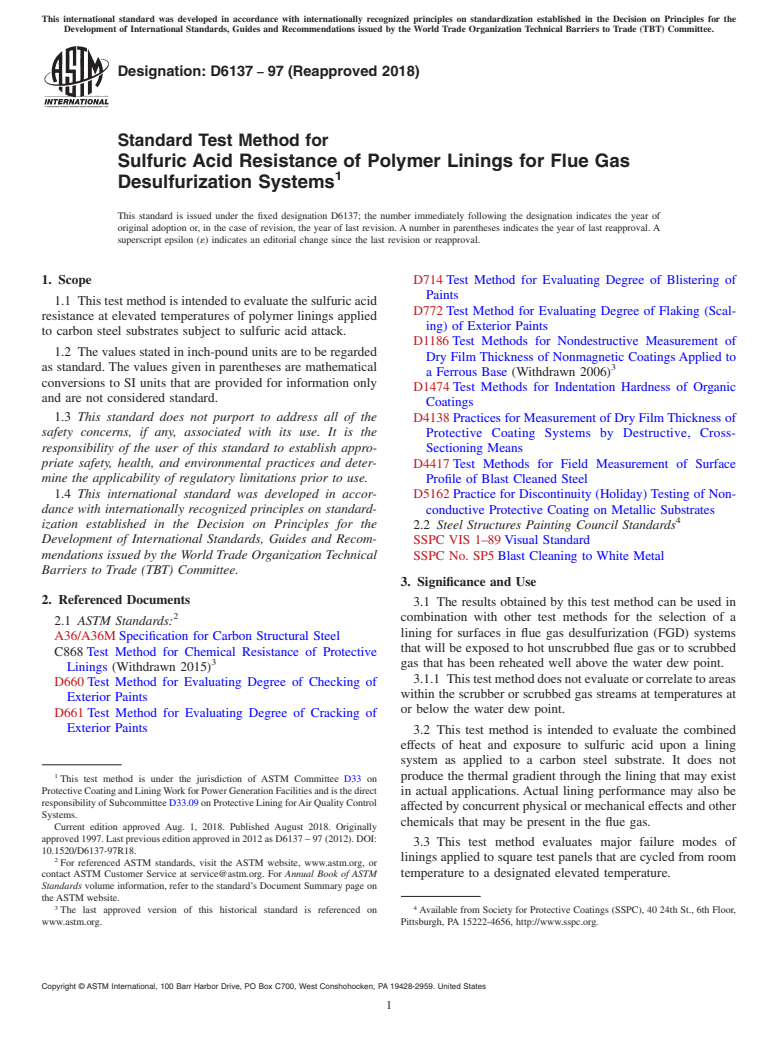 ASTM D6137-97(2018) - Standard Test Method for Sulfuric Acid Resistance of Polymer Linings for Flue Gas Desulfurization  Systems